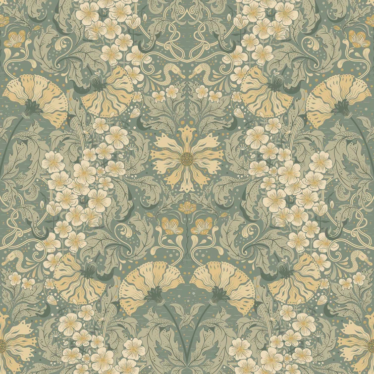 Ojvind Blue Sea Green Floral Ogee Paper Matte Non-Pasted Wallpaper Roll