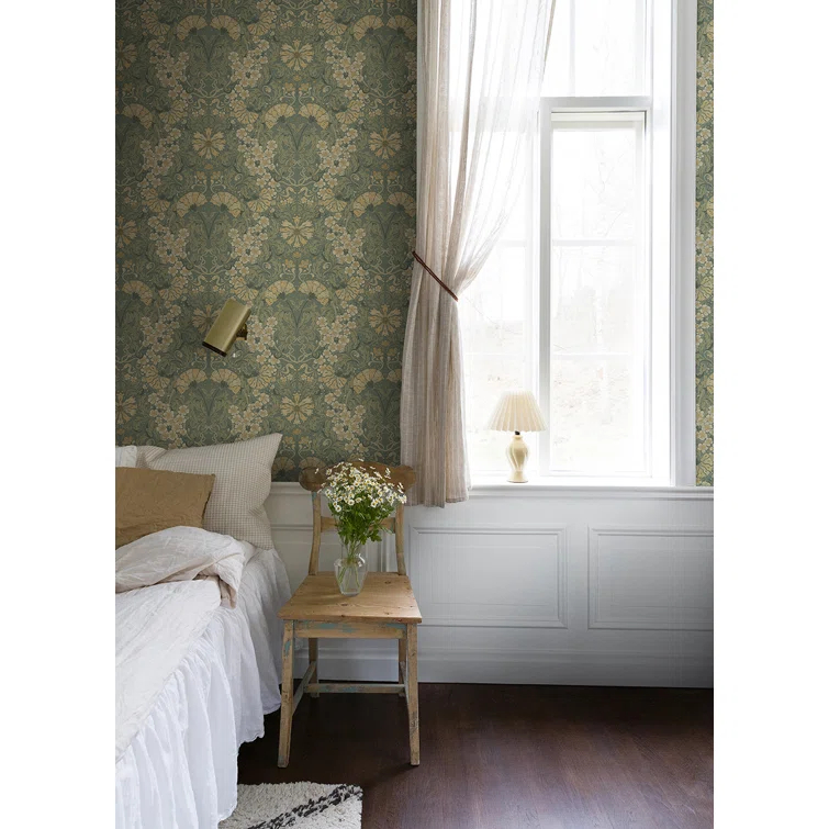 Ojvind Blue Sea Green Floral Ogee Paper Matte Non-Pasted Wallpaper Roll