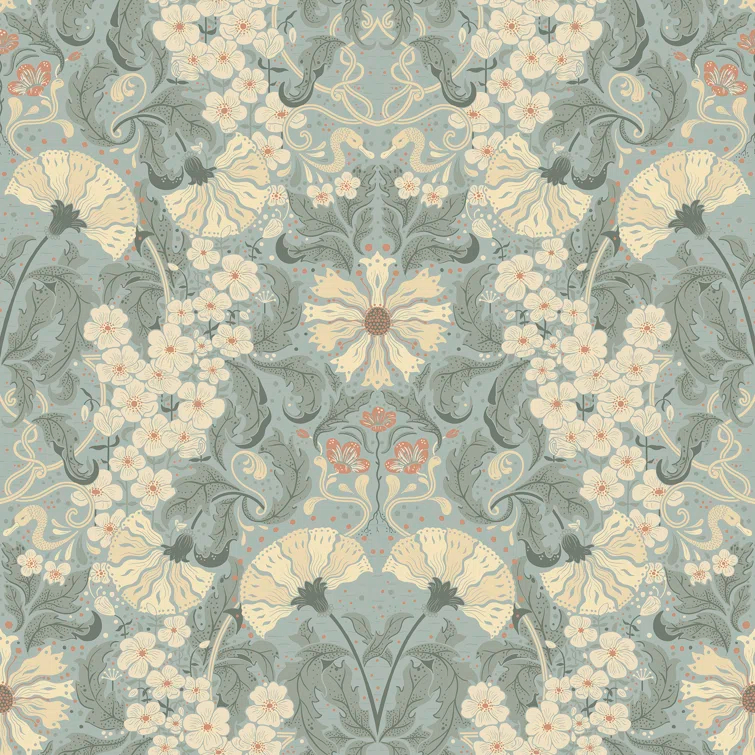 Light Blue and Beige Damask Floral Wallpaper Roll