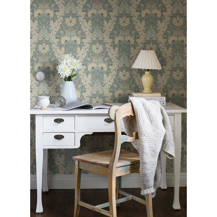Light Blue and Beige Damask Floral Wallpaper Roll