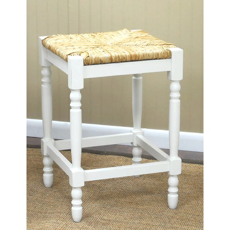 Carolina Cottage Hawthorne 24" Counter Stool with Woven Rush Seat - Vintage Hardwood Legs, Hand Finish Backless Stool (Antique White)