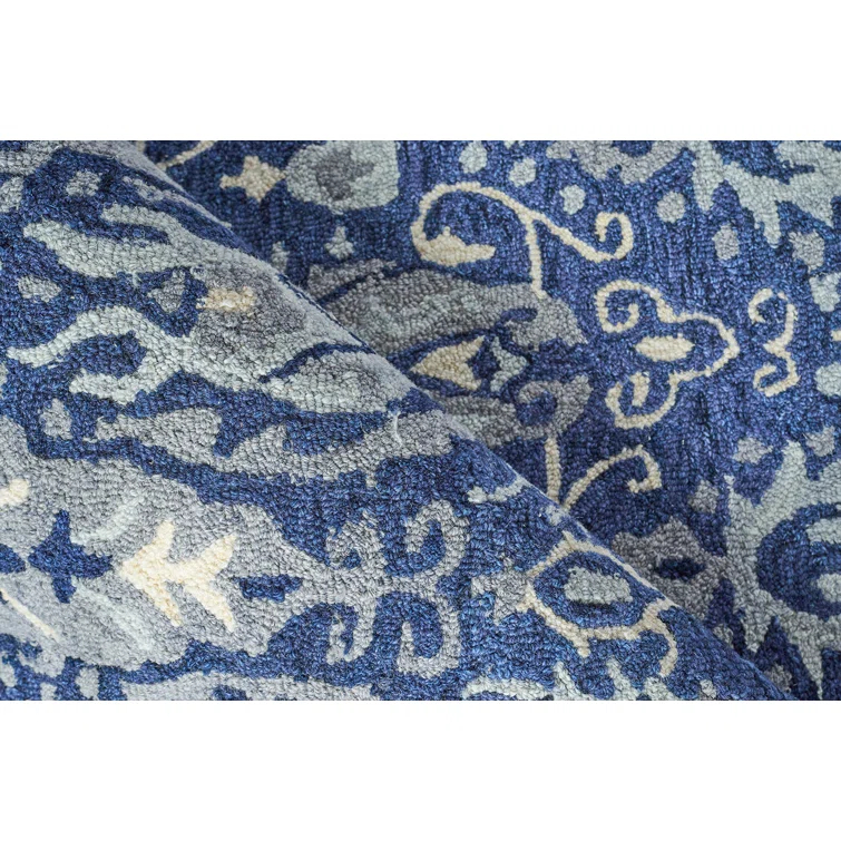 Rectangle Sarasota Ikat Hand Tufted Wool Area Rug in Navy/Gray