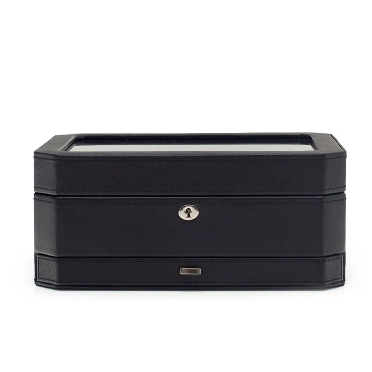Windsor Mid-Century Black Faux Leather 10-Piece Watch Box with Drawer