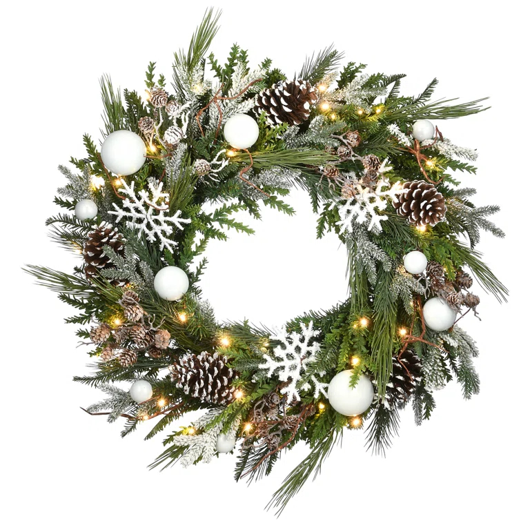 The Holiday Aisle® 30" Pre-Lit Alpine Collection Decorated Wreath