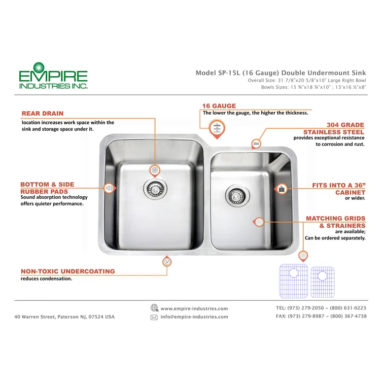 32" L x 21" Double Basin Undermount Kitchen Sink