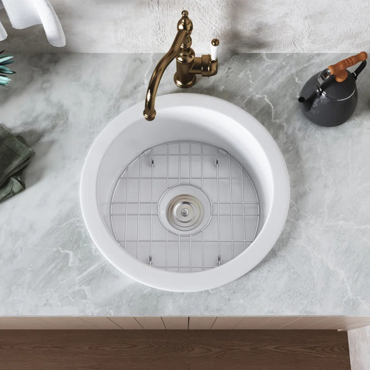 Circular Fireclay 18.5" x 18.5" Undermount/Drop-In Kitchen Sink with Basket Strainer and Sink Grid