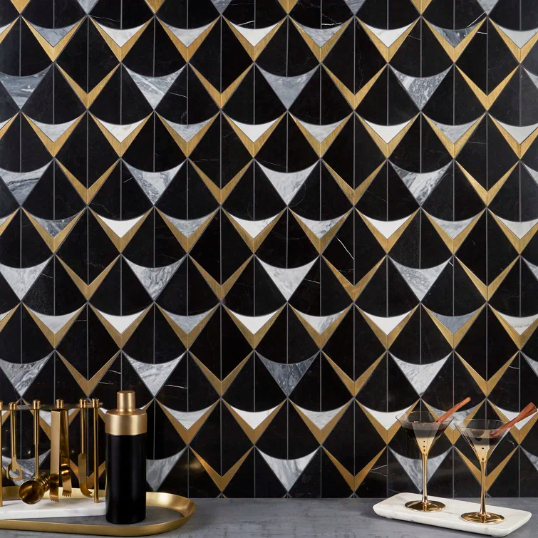 Larvotto 8.3 in. x 11.65 in. Polished Marble and Brass Mosaic Wall Tile (0.67 Sq. Ft. / Sheet)