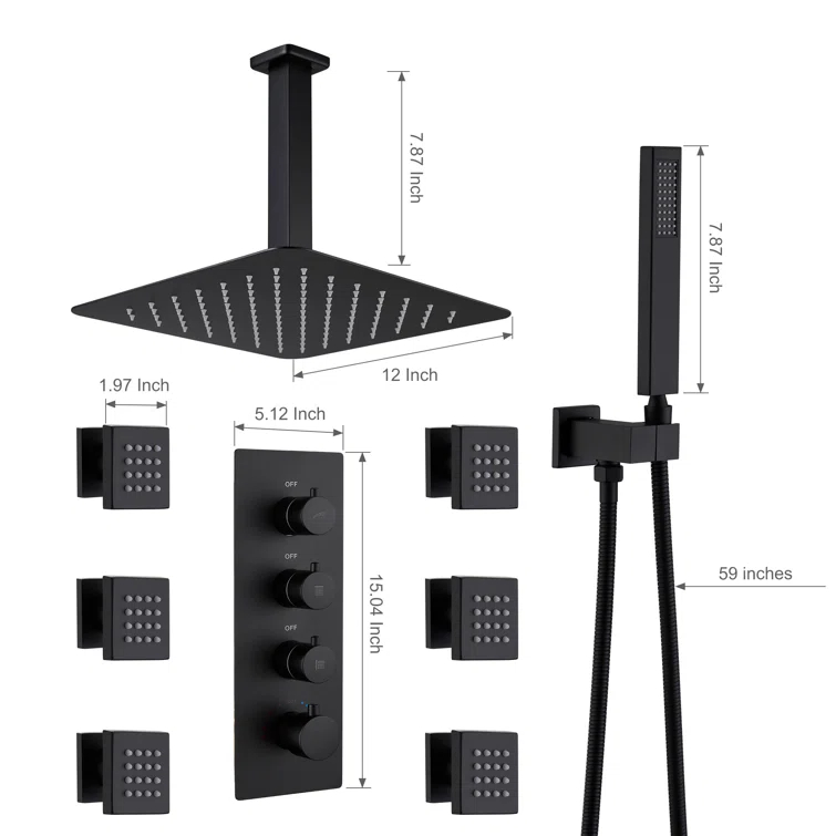 Herathena 3 Functions Ceiling Mounted Luxury Shower System with 6 Body Jets (Rough-in Valve Included)