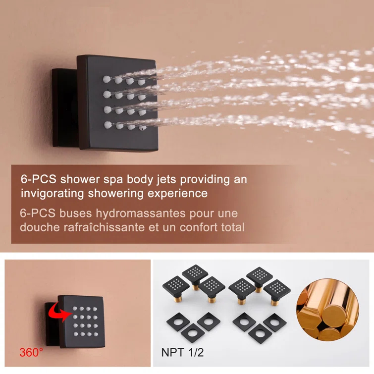 Herathena 3 Functions Ceiling Mounted Luxury Shower System with 6 Body Jets (Rough-in Valve Included)