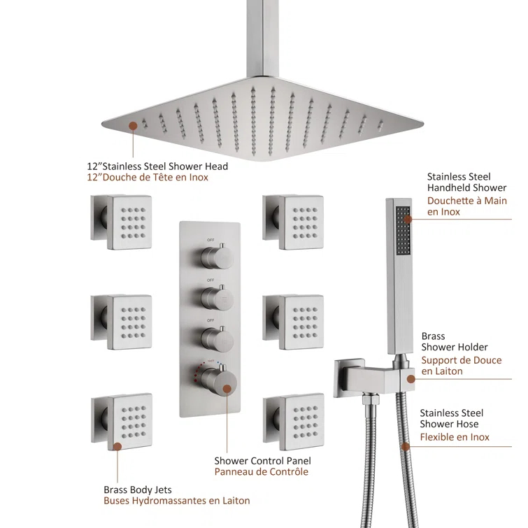 Herathena 3 Functions Ceiling Mounted Luxury Shower System with 6 Body Jets (Rough-in Valve Included)