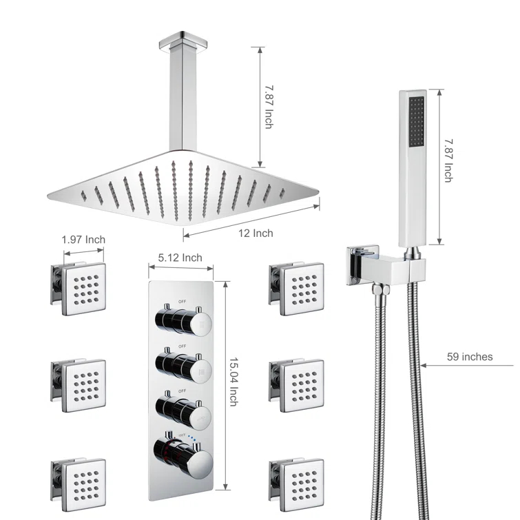 Herathena 3 Functions Ceiling Mounted Luxury Shower System with 6 Body Jets (Rough-in Valve Included)