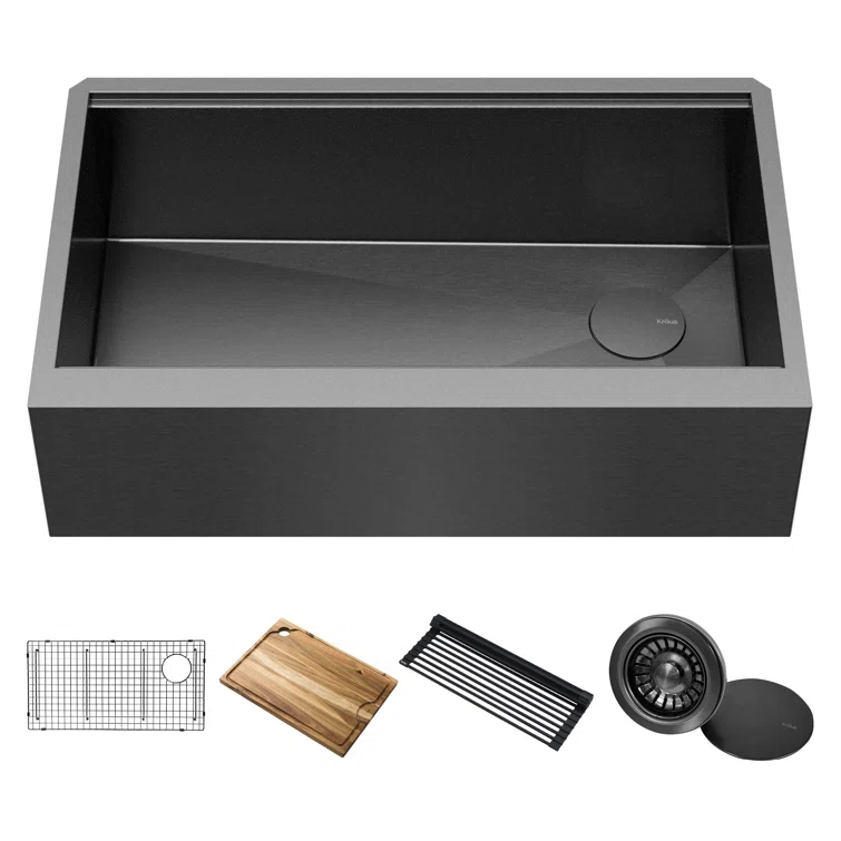 KRAUS Kore™ Workstation 33" L Farmhouse Modern Flat Apron Front 16 Gauge Black Stainless Steel Single Bowl Kitchen Sink