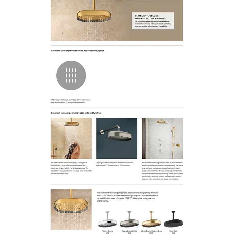 Statement 14" Single-Function Wall or Ceiling-Mount Round Rainhead, Oblong Rain Showerhead 2.5 GPM