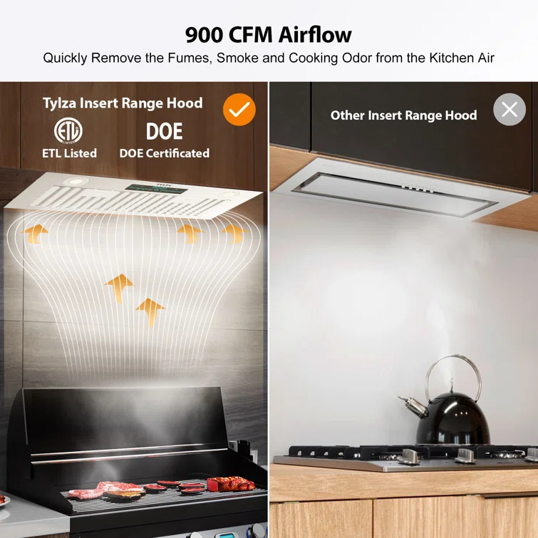PowerFlow Series 30" 900 CFM Convertible Insert Range Hood Digital Control Panel with Baffle Filter Charcoal Filter and LED Light Stainless Steel Silver