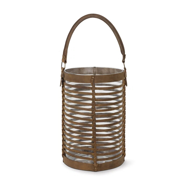 Finn Large Brown Leather and Glass Hurricane