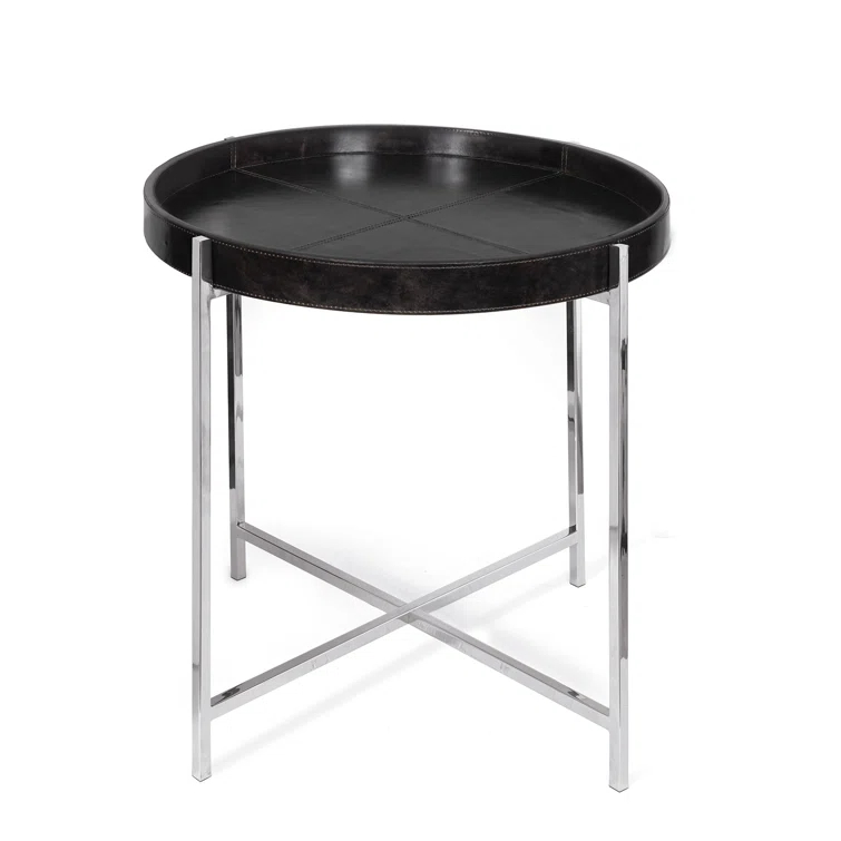 Small Black Round Metal Side Table with Polished Nickel Frame