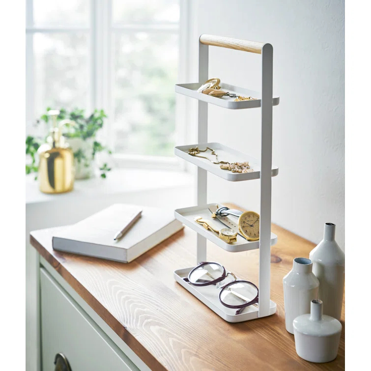 Tosca Yamazaki Home 4-Tier Accessory Tray, Jewelry Holder & Storage Organizer, Steel + Wood, Handles