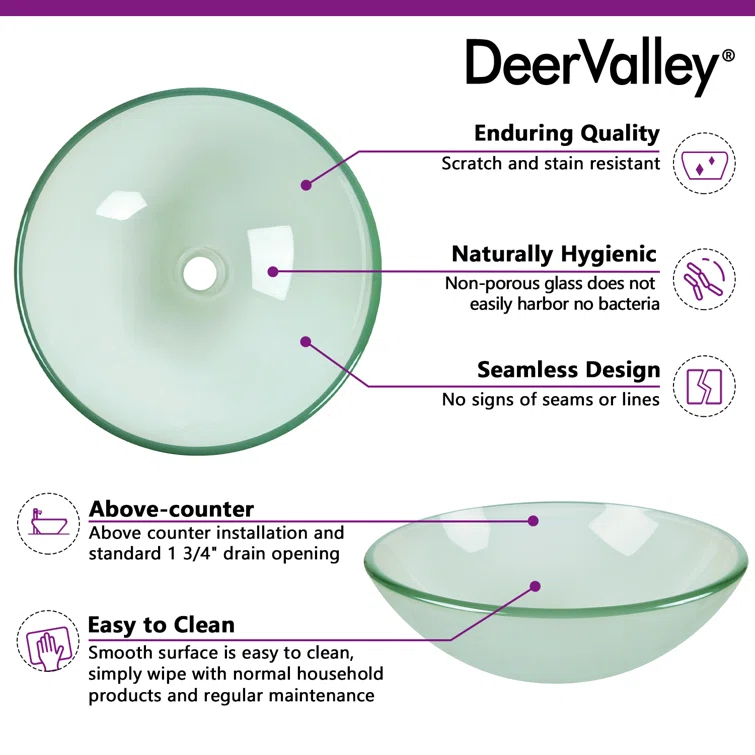 DeerValley Symmetry 16.5'' Circular Glass Vessel Bathroom Sink