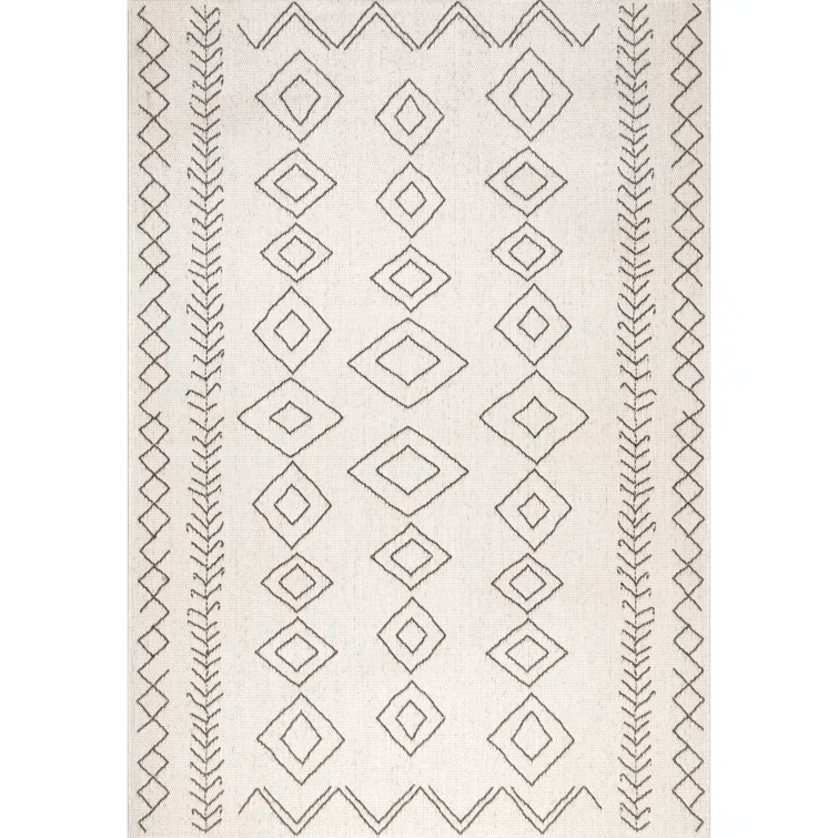 Ezri Diamond Indoor/Outdoor Area Rug for Living Room Patio Deck Front Porch Kitchen, Ivory/Dark Grey