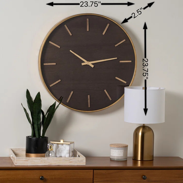 Mid-Century Mahogany Wood & Warm Metal 23.75'' Wall Clock