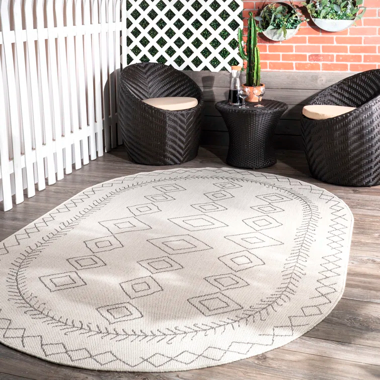 Ezri Diamond Indoor/Outdoor Area Rug for Living Room Patio Deck Front Porch Kitchen, Ivory/Dark Grey