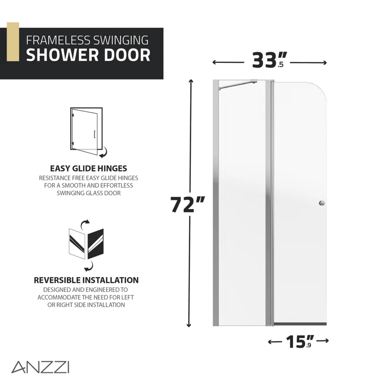 Anzzi 33.3” W x 72” H Frameless Shower Door