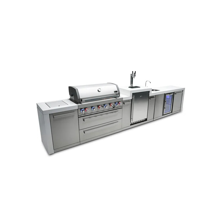 Mont Alpi MAi805-DKEGBEV 44-inch 6-Burner 115000 BTU Deluxe Stainless Steel Island Outdoor Kitchen Bar Gas Barbecue Island Grill with Wine Cooler Beverage Center Refrigerator + 3 Beer Tap Kegerator