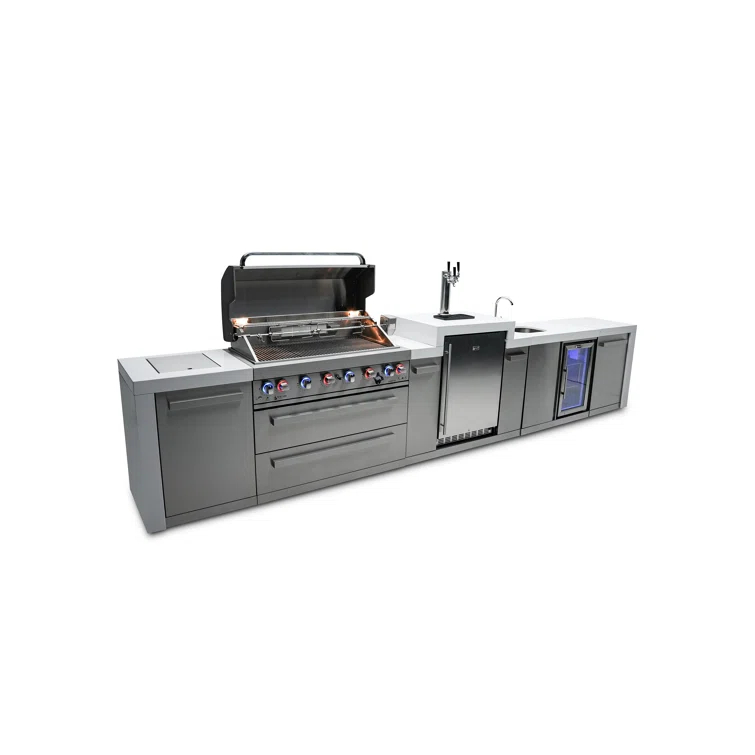 Mont Alpi MAi805-DKEGBEV 44-inch 6-Burner 115000 BTU Deluxe Stainless Steel Island Outdoor Kitchen Bar Gas Barbecue Island Grill with Wine Cooler Beverage Center Refrigerator + 3 Beer Tap Kegerator