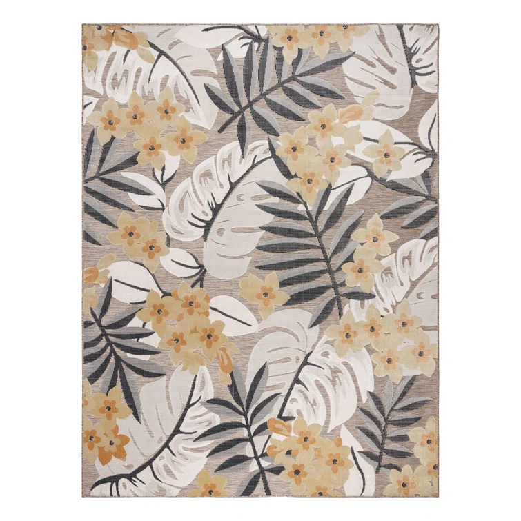Gertmenian Tara Polly Gray Yellow Ivory Large Tropical Hawaiian Indoor/ Outdoor Flatweave High-Low Area Rug
