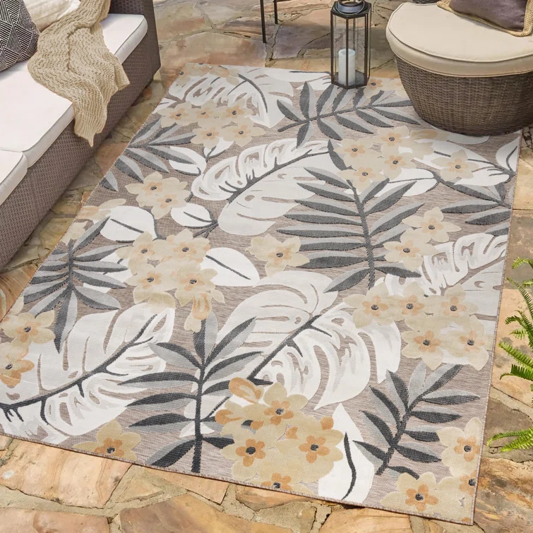 Gertmenian Tara Polly Gray Yellow Ivory Large Tropical Hawaiian Indoor/ Outdoor Flatweave High-Low Area Rug