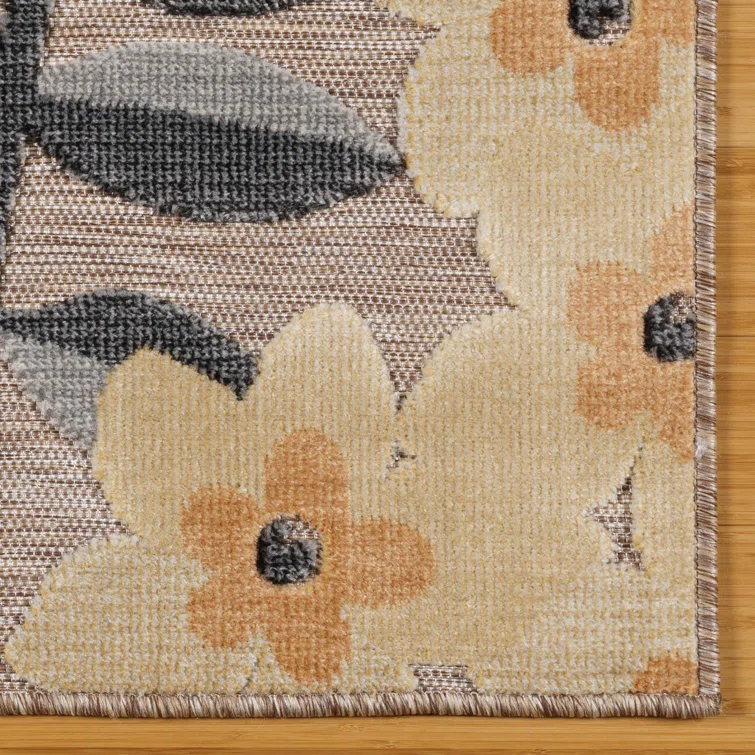 Gertmenian Tara Polly Gray Yellow Ivory Large Tropical Hawaiian Indoor/ Outdoor Flatweave High-Low Area Rug