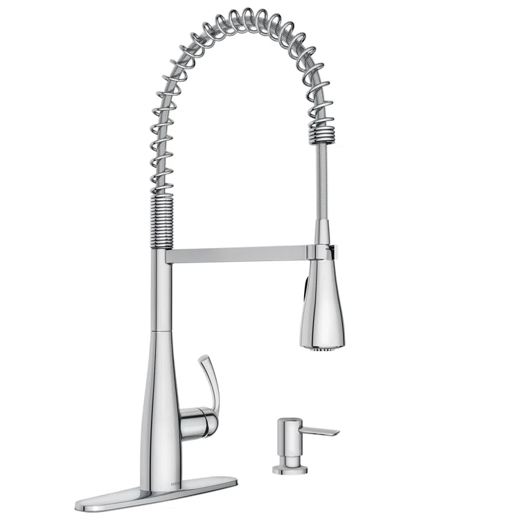 Moen Essie Pre-Rinse Spring Pull Down Single Handle Kitchen Faucet with Power Clean Technology and Soap Dispenser