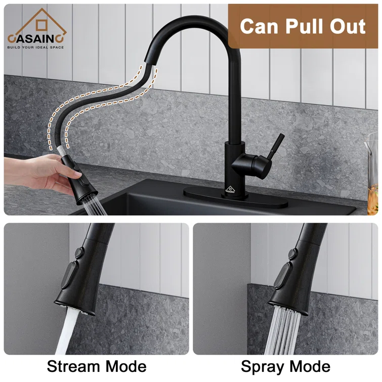 Pull Down Sprayer Kitchen Faucet with Dual-Function Sprayer and Deck Plate in Spot-Free