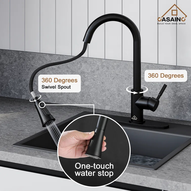 Pull Down Sprayer Kitchen Faucet with Dual-Function Sprayer and Deck Plate in Spot-Free