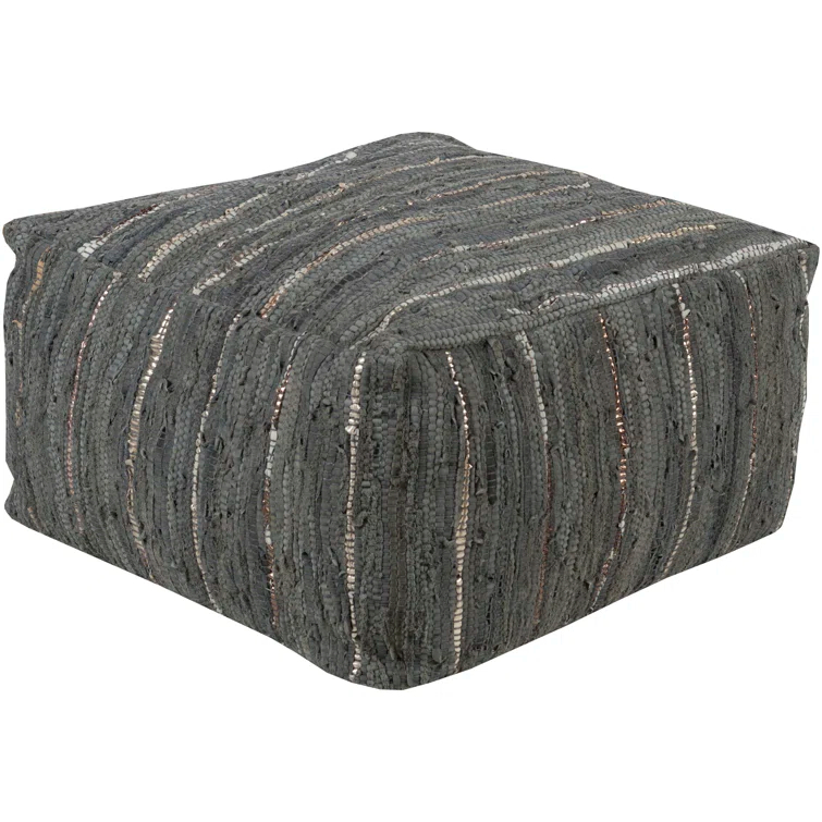 Surya Anthracite 24" Square Leather Pouf in Dark Green and Metallic Silver