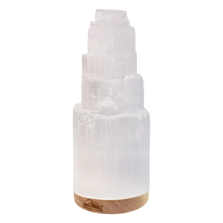 Himalayan Glow Selenite Crystal Lamp 20cm Large, Hand-Curved Crystal Lamp with Wooden Base - White