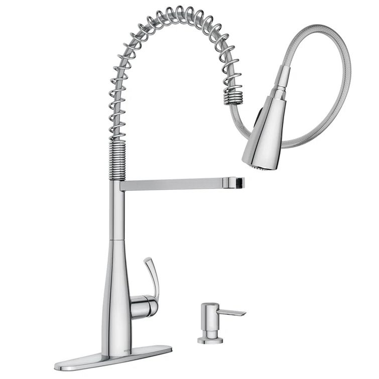 Moen Essie Pre-Rinse Spring Pull Down Single Handle Kitchen Faucet with Power Clean Technology and Soap Dispenser