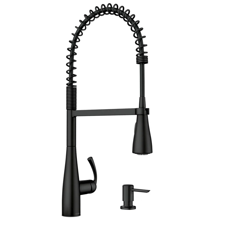 Moen Essie Pre-Rinse Spring Pull Down Single Handle Kitchen Faucet with Power Clean Technology and Soap Dispenser