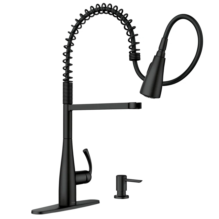 Moen Essie Pre-Rinse Spring Pull Down Single Handle Kitchen Faucet with Power Clean Technology and Soap Dispenser