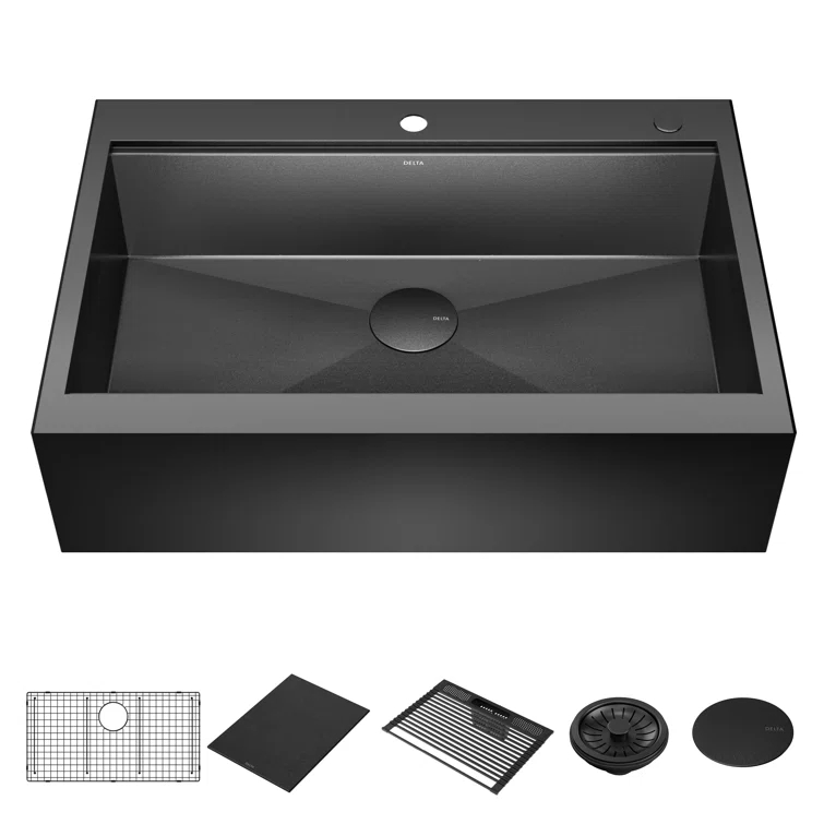 Delta Rivet™ Black Stainless Steel Retrofit Farmhouse Apron Front 16 Gauge Workstation Kitchen Sink Single Bowl