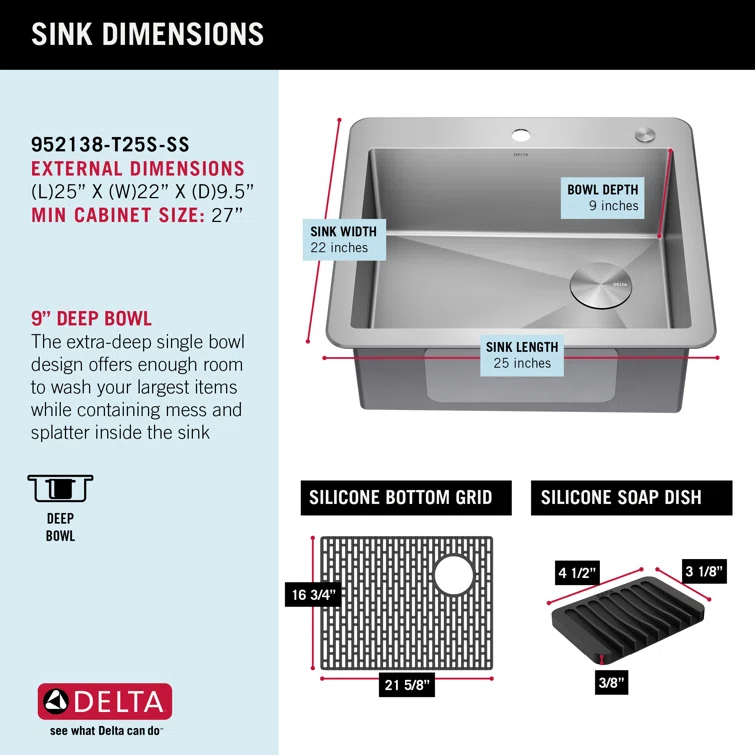 Delta Marca™ Drop-In Undermount Stainless Steel Single Bowl Kitchen Sink with Accessories