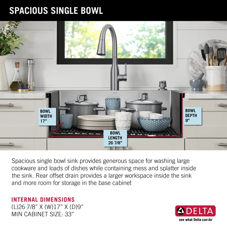Delta Marca™ Drop-In Undermount Stainless Steel Single Bowl Kitchen Sink with Accessories