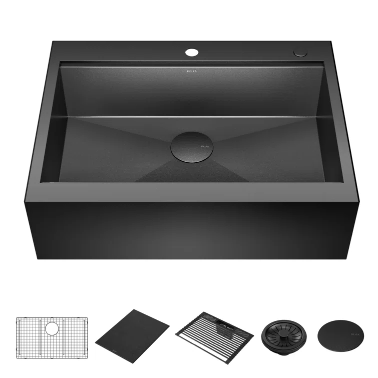 Delta Rivet™ Black Stainless Steel Retrofit Farmhouse Apron Front 16 Gauge Workstation Kitchen Sink Single Bowl