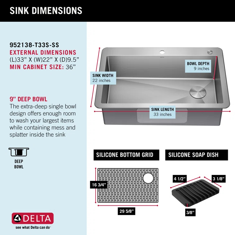Delta Marca™ Drop-In Undermount Stainless Steel Single Bowl Kitchen Sink with Accessories