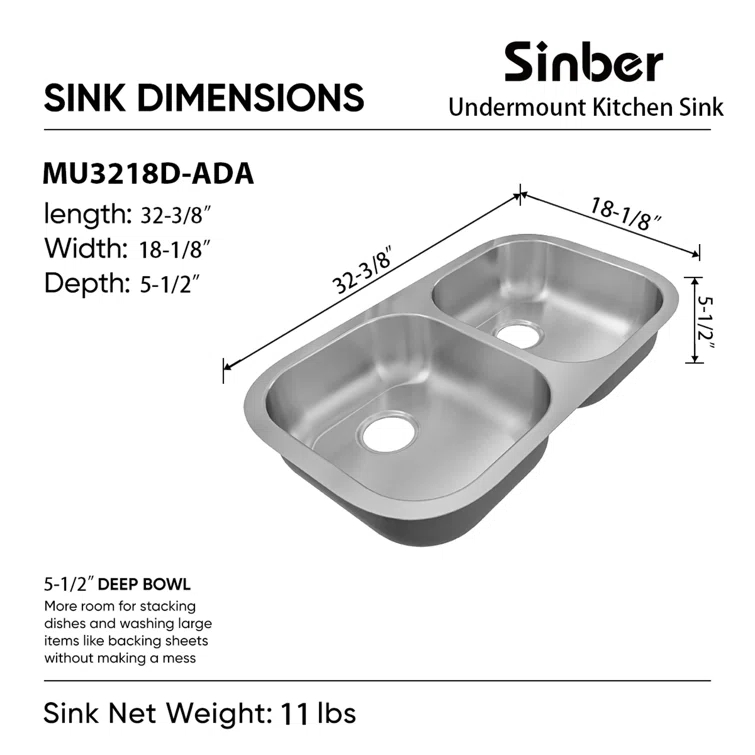 Sinber 32" x 18" Undermount Double Bowl Kitchen Sink with 18 Gauge 304 Stainless Steel Satin Finish