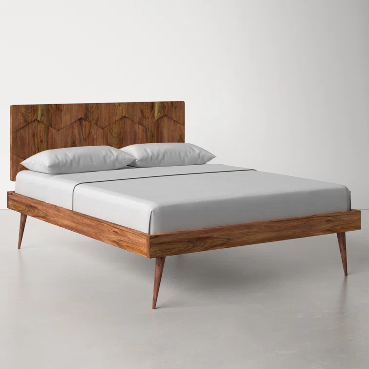 Deluxe Mid-Century Modern Sheesham Wood Queen Platform Bed with Storage
