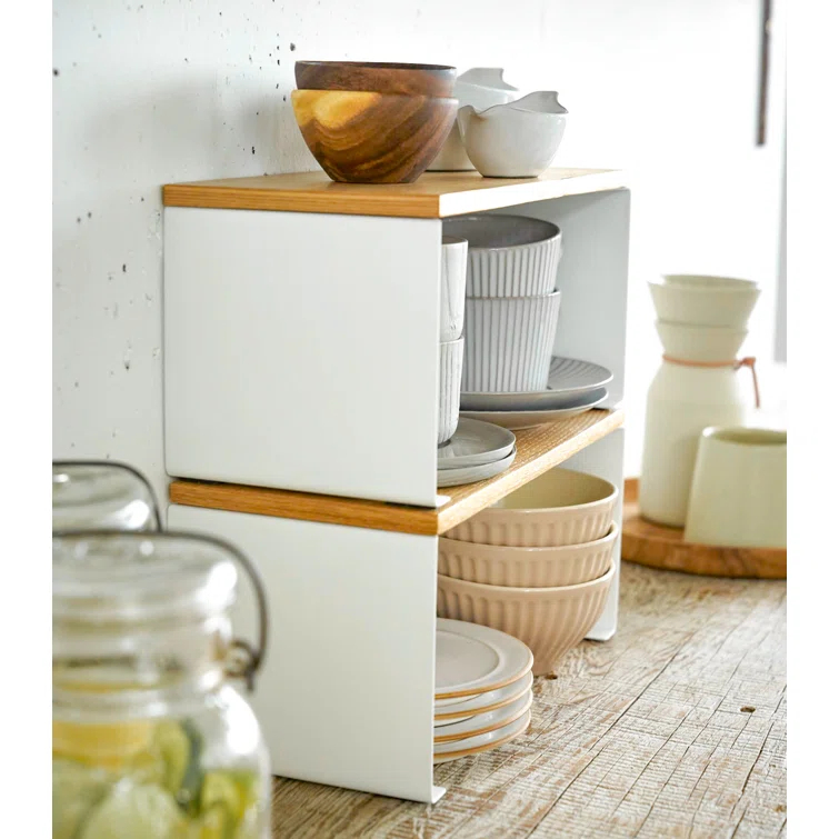 Tosca Yamazaki Home Wood-Top Stackable Kitchen Rack, Modern Counter Shelf Organizer