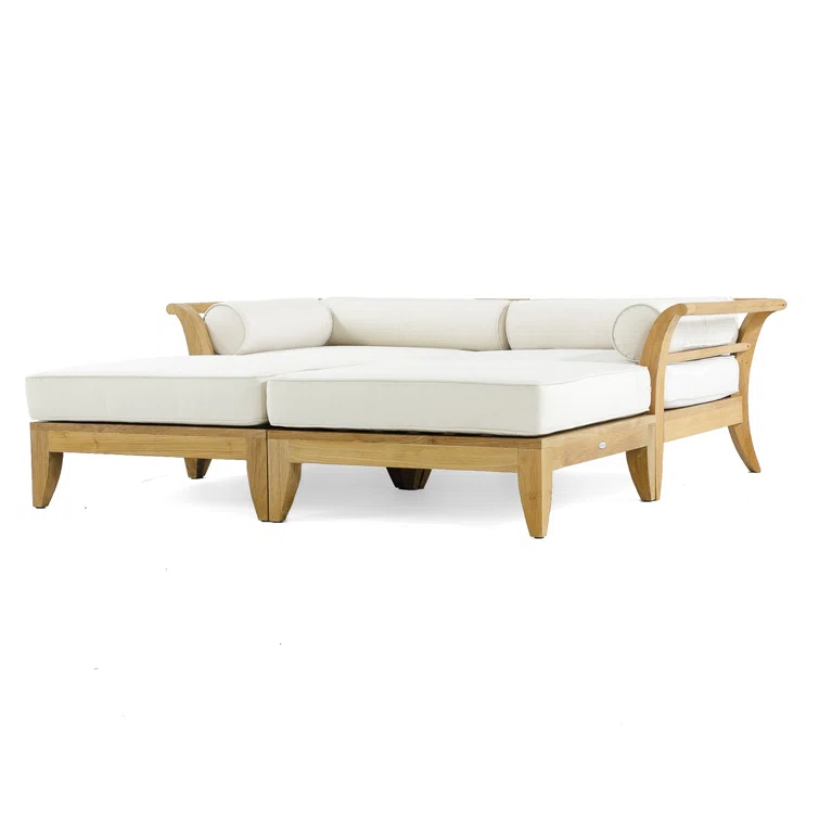 Reversible Brown Teak Outdoor Daybed with Off-White Cushions