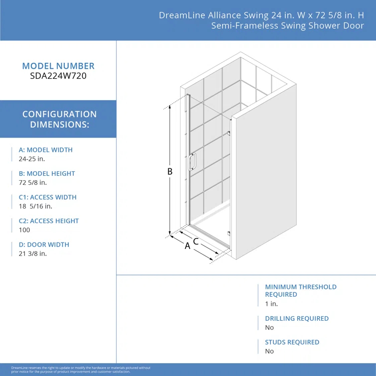 25" - 24" W x 72.62" H Pivot Semi-Frameless Shower Door