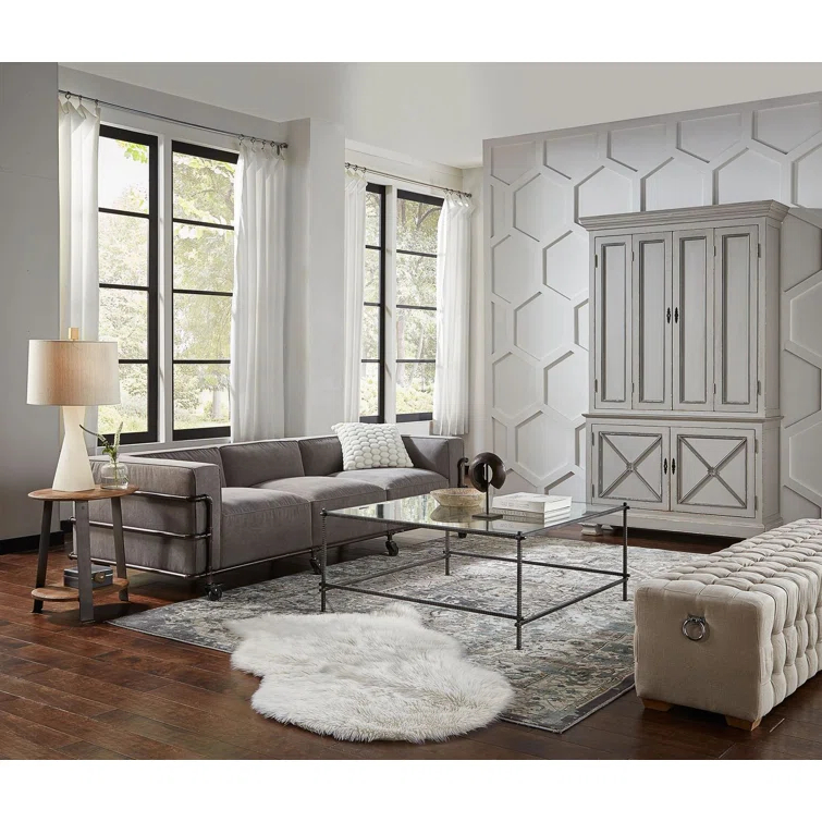 Traditional White Square Metal and Glass Coffee Table with Storage